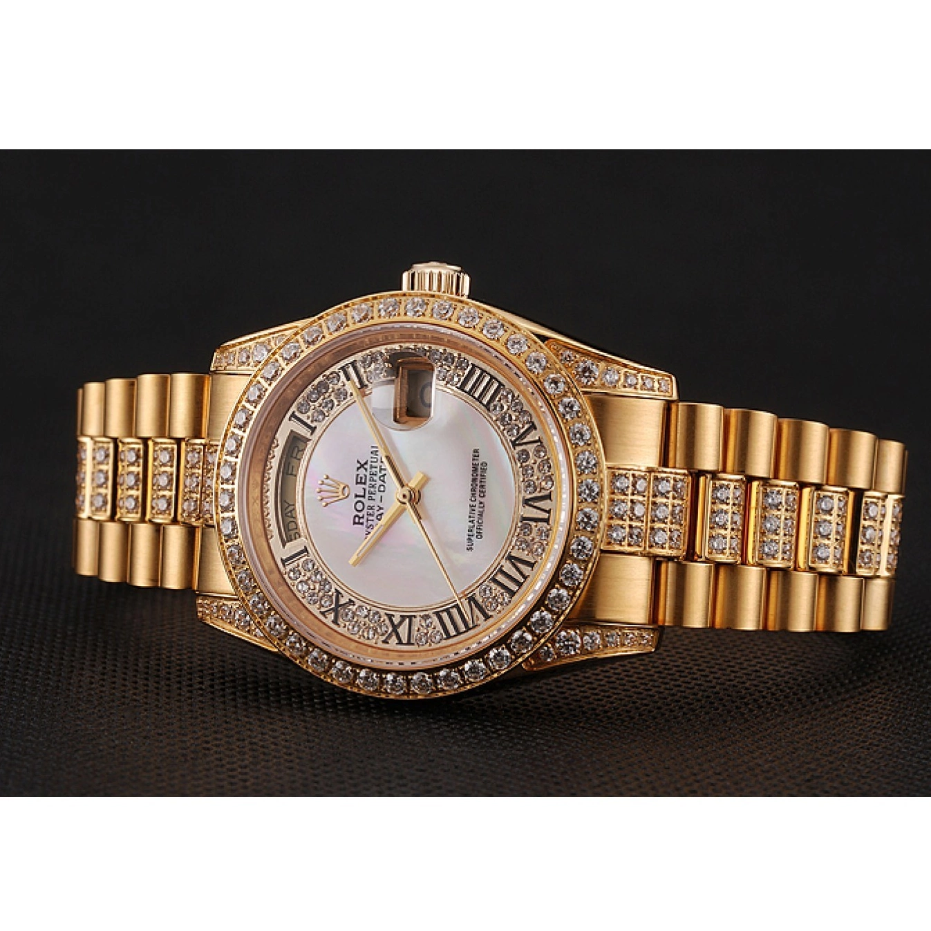 Rolex aaa copy Swiss White Bracelet Diamond Gold Diamond Day-Date 1453958 Rolex Pave Dial 0528
